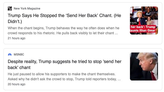 Headlines that challenge Trump's claim that he tried to stop the "send her back" chants at his rally.