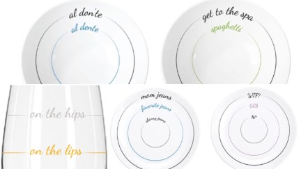 Plates and a glass with markings noting portion sizes, labeled with body-shaming messages.