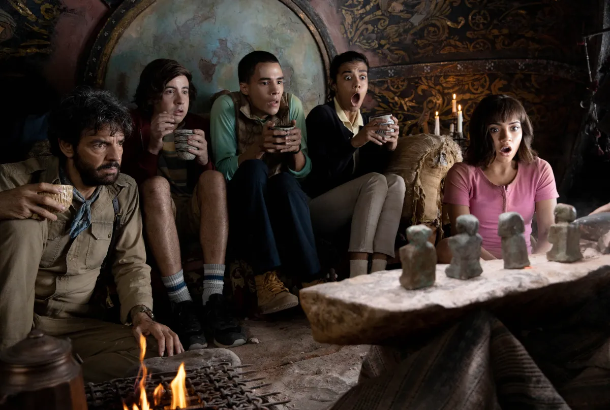 L-R, Eugenio Derbez, Nicholas Coombe, Jeffrey Wahlberg, Madeleine Madden and Isabela Moner star in Paramount Pictures’ "DORA AND THE LOST CITY OF GOLD."