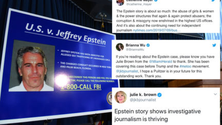Southern District of New York Geoffrey Berman announces charges against Jeffery Epstein with tweets praising Brown overlaid.