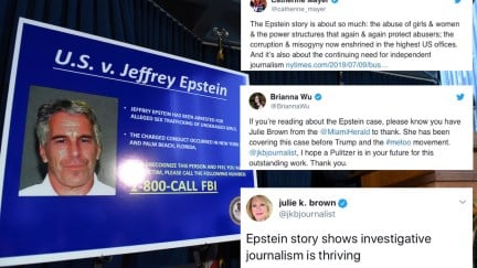 Southern District of New York Geoffrey Berman announces charges against Jeffery Epstein with tweets praising Brown overlaid.