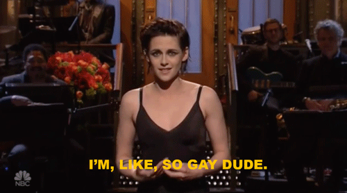 Kristen Stewart says "I'm like so gay dude" on Saturday Night Live.