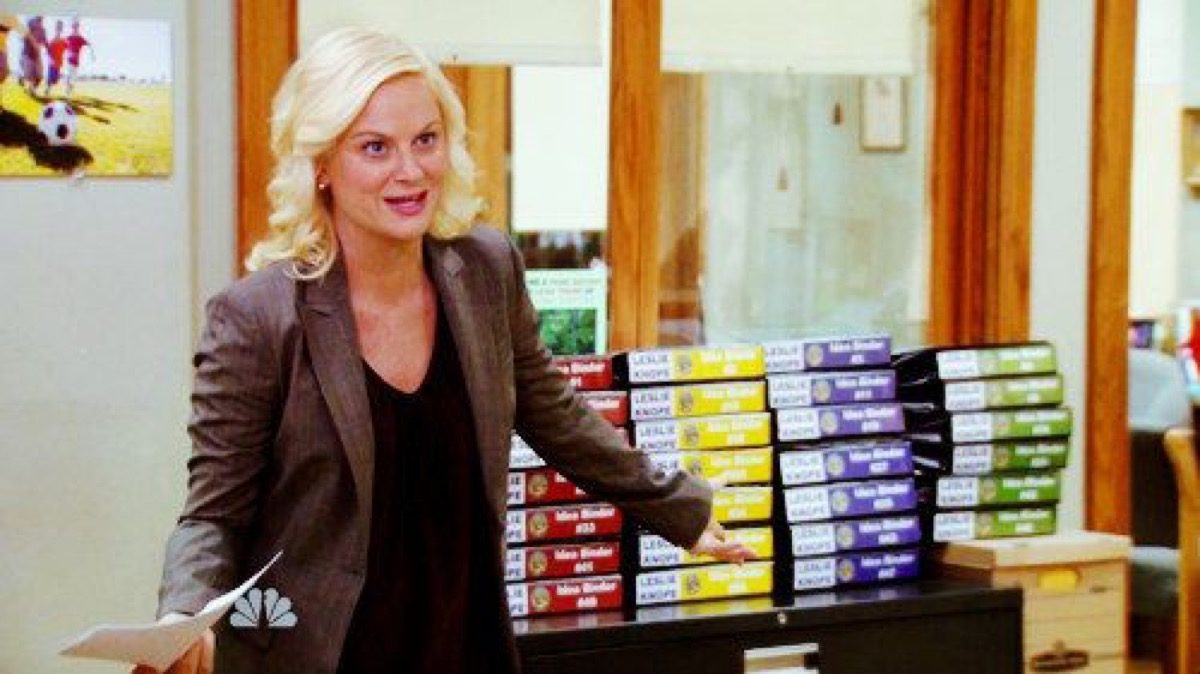 Leslie Knope gestures to a mountain of color-coded binders.