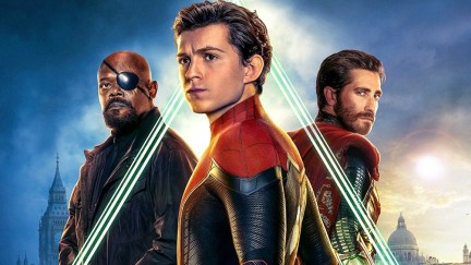 The final poster for Spider-Man: Far From Home, featuring Spider-Man (Tom Holland), Nick Fury (Samuel L. Jackson), and Mysterio (Jake Gyllenhaal).