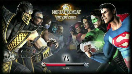 Mortal Kombat vs. DC Universe loading screen featuring Mortal Kombat characters facing DC characters.