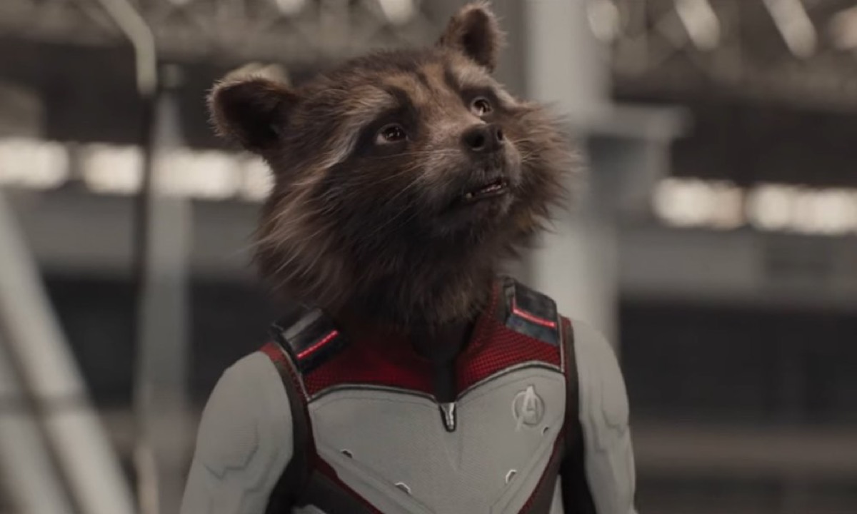 Rocket Raccoon in his quantum realm time travel suit in Marvel's Avengers: Endgame.