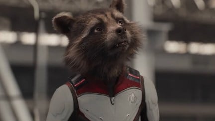 Rocket Raccoon in his quantum realm time travel suit in Marvel's Avengers: Endgame.