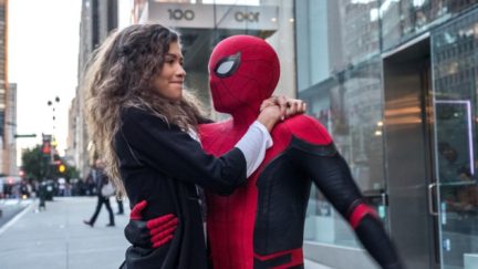 Michelle (Zendaya) catches a ride from Spider-Man in Columbia Pictures' SPIDER-MAN: FAR FROM HOME.