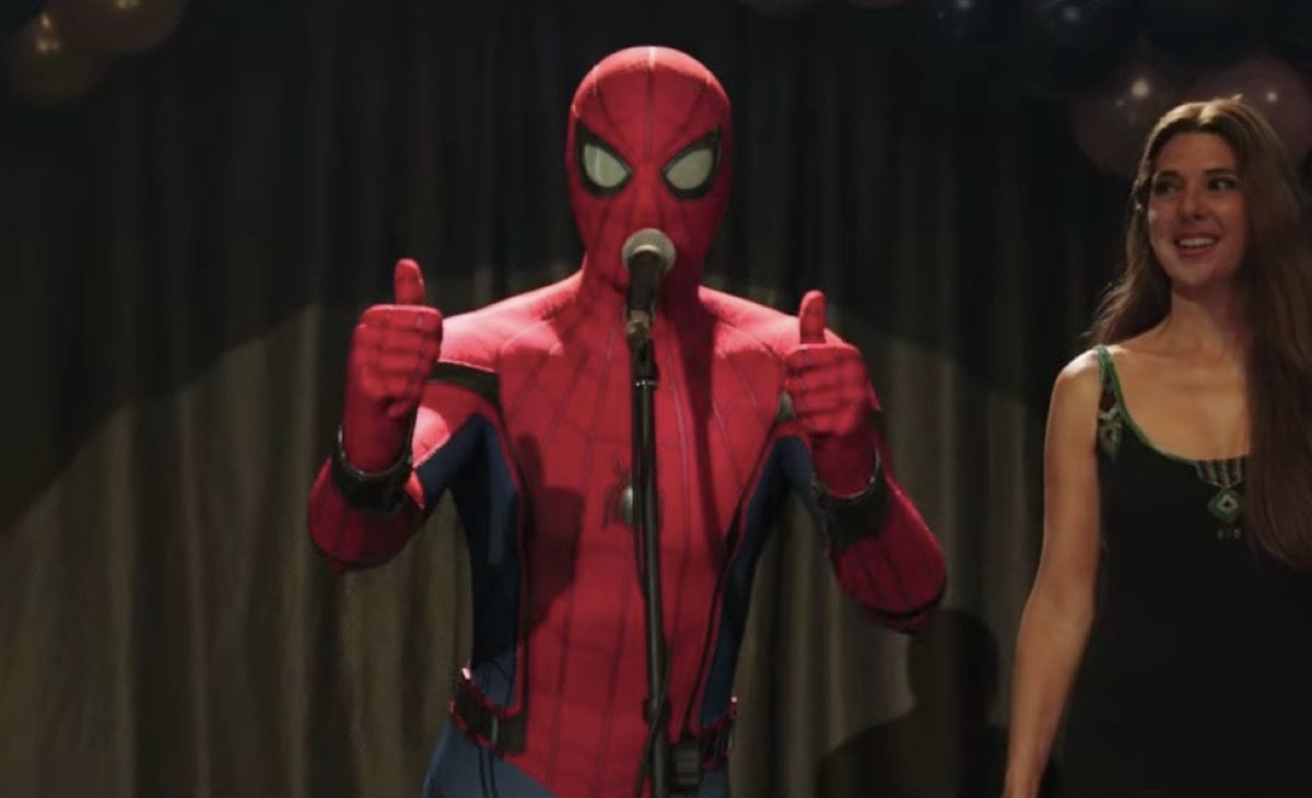 Spider-Man gives double thumbs up onstage in Spider-Man: Far From Home.