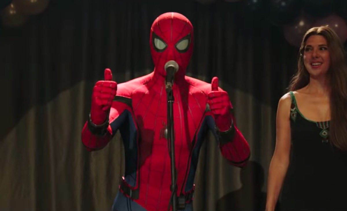 Spider-Man gives double thumbs up onstage in Spider-Man: Far From Home.