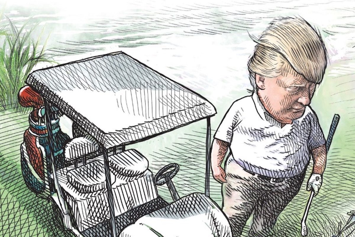 A cropped cartoon of Trump playing golf.