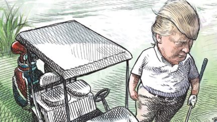 A cropped cartoon of Trump playing golf.