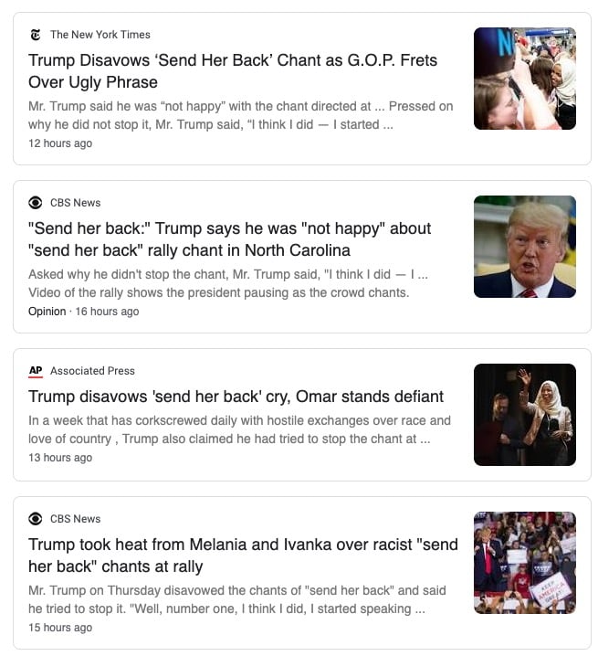 Headlines that do not challenge Trump's claim that he tried to stop the "send her back" chants at his rally.