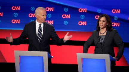 Kamala Harris frustrated by a bewildered Joe Biden during the Democratic presidential debates for 2020.