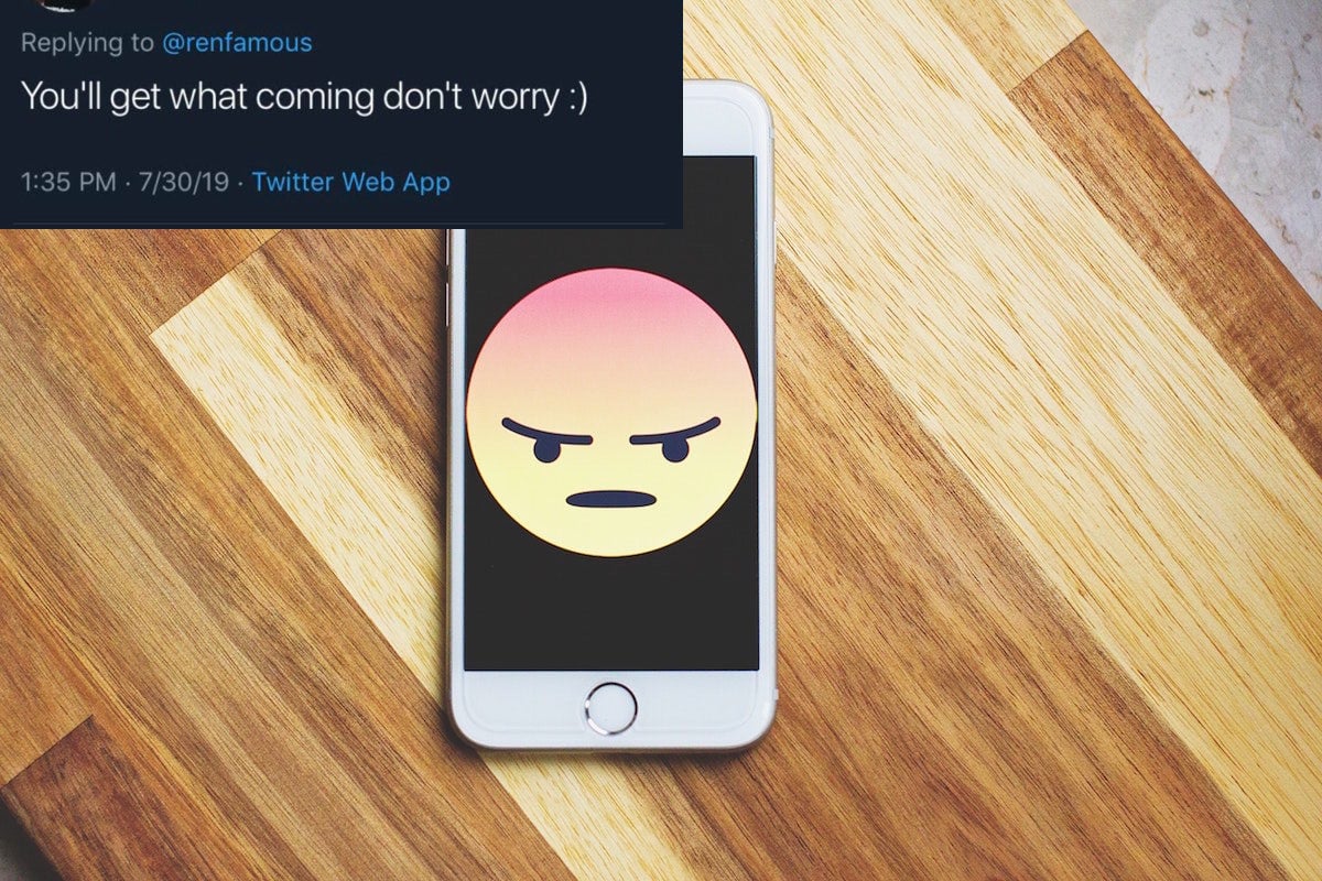 A threatening tweet and an angry emoji on a phone.