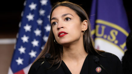 U.S. Rep. Alexandria Ocasio-Cortez (D-NY) pauses while speaking during a press conference at the U.S. Capitol