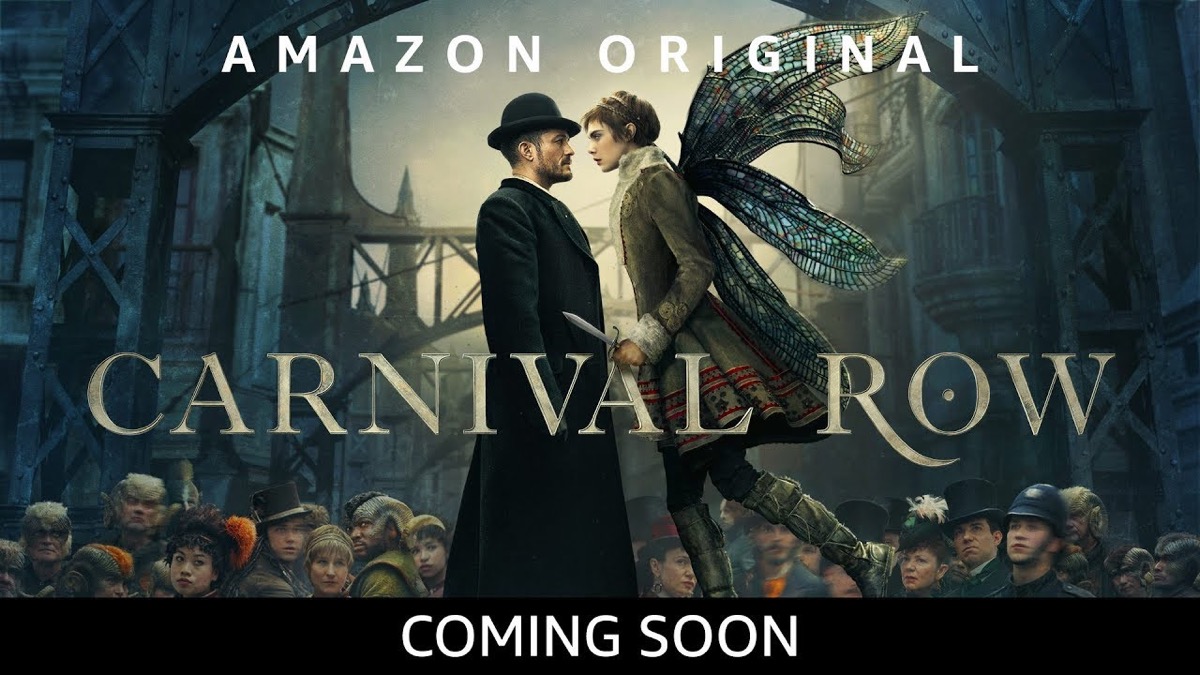 Amazon original Carnival Row art with a man and a fairy staring into each other's eyes.