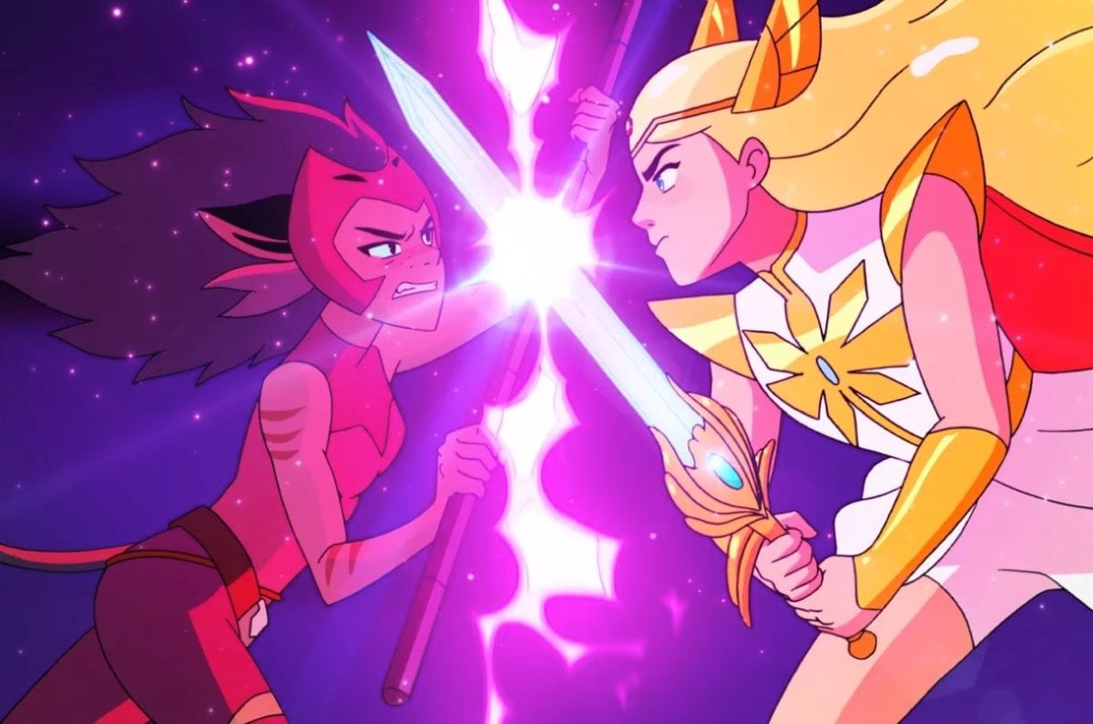 Catra and Adora fight in Netflix's She-Ra and the Princesses of Power.