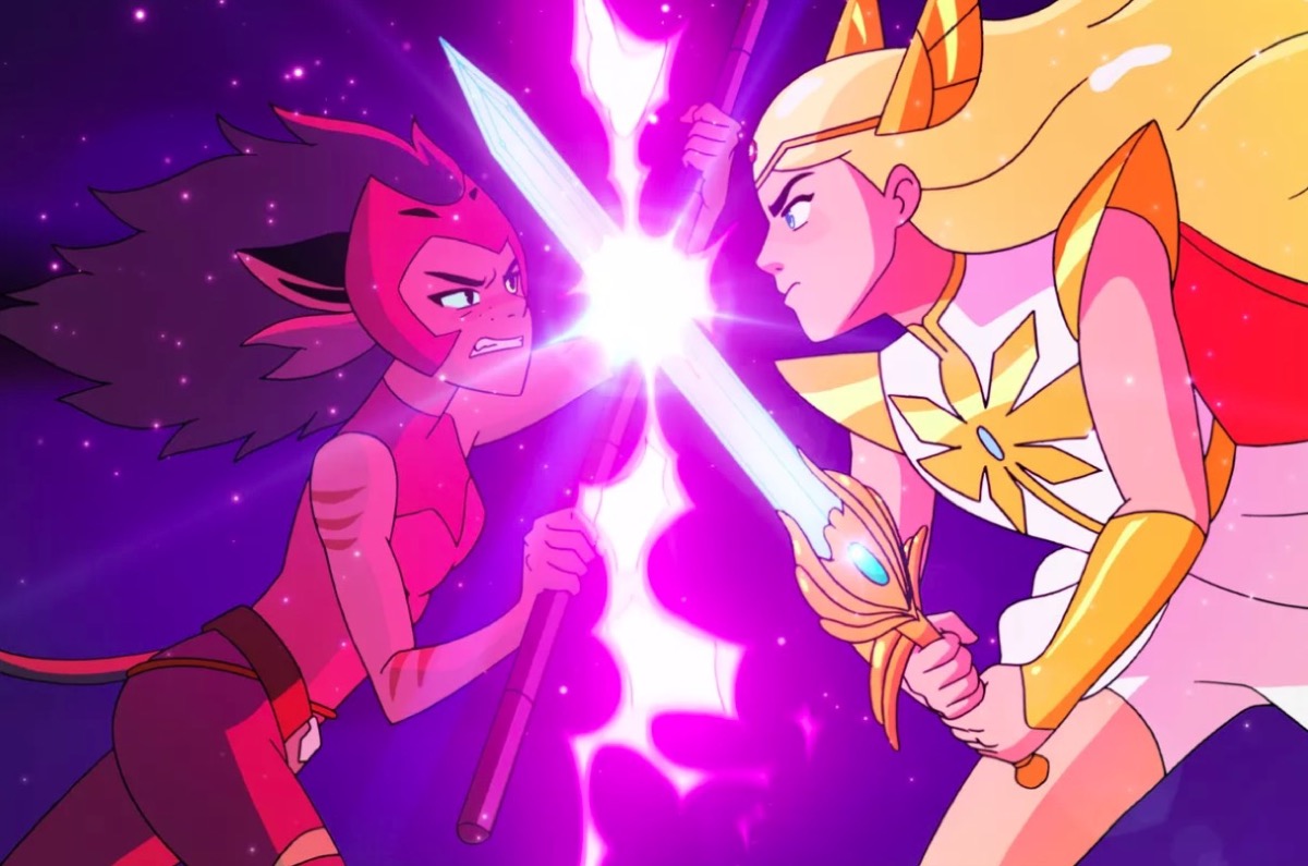 Two animated warrior princesses fight using their swords in "She-Ra and the Princesses of Power"