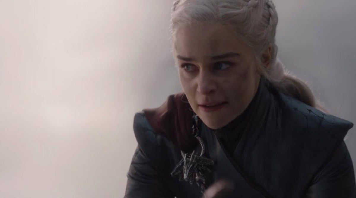 Emilia Clarke as Daenerys Targaryen looking pissed in that scene (you know the one) from the final season of HBO's Game of Thrones.