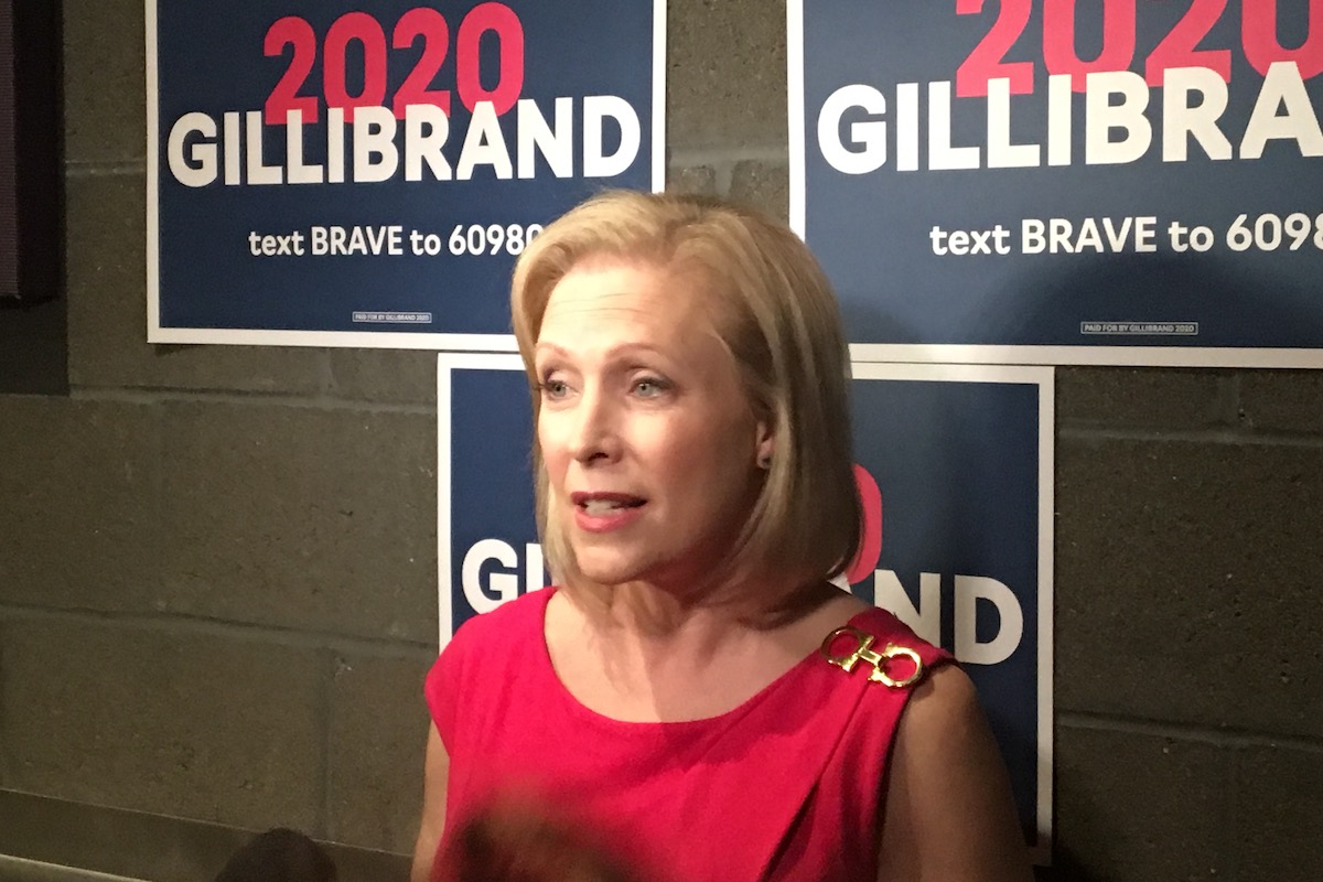 Kirsten Gillibrand speaks to reporters following a town hall in St. Louis, MO.