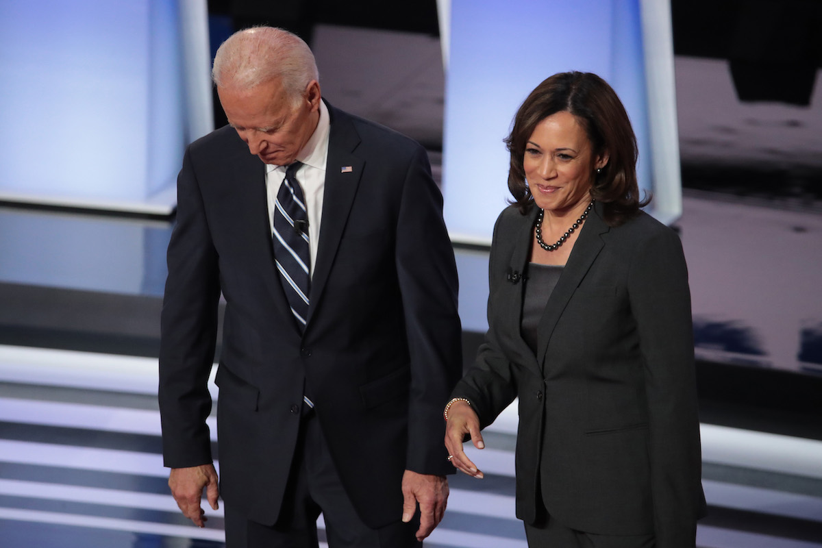 Democratic presidential candidates former Vice President Joe Biden and Sen. Kamala Harris (D-CA) greet each other at the Democratic Presidential Debate