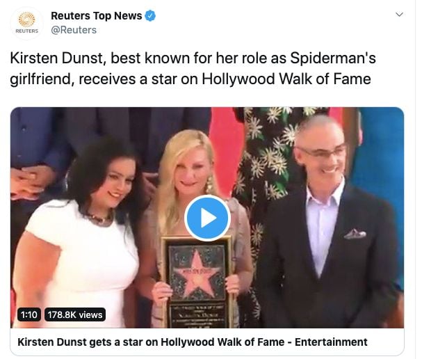 screenshot of reuters tweet referring to Kirsten Dunst as "Spider-Man's Girlfriend" 