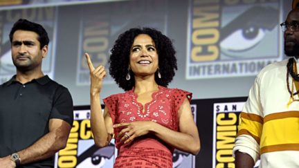 Kumail Nanjiani, Lauren Ridloff and Brian Tyree Henry of Marvel Studios' 'The Eternals' at the San Diego Comic-Con International 2019 Marvel Studios Panel in Hall H on July 20, 2019 in San Diego, California.