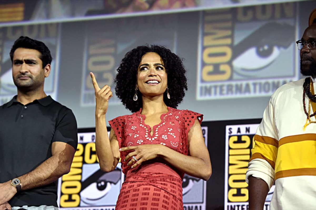 Kumail Nanjiani, Lauren Ridloff and Brian Tyree Henry of Marvel Studios' 'The Eternals' at the San Diego Comic-Con International 2019 Marvel Studios Panel in Hall H on July 20, 2019 in San Diego, California.
