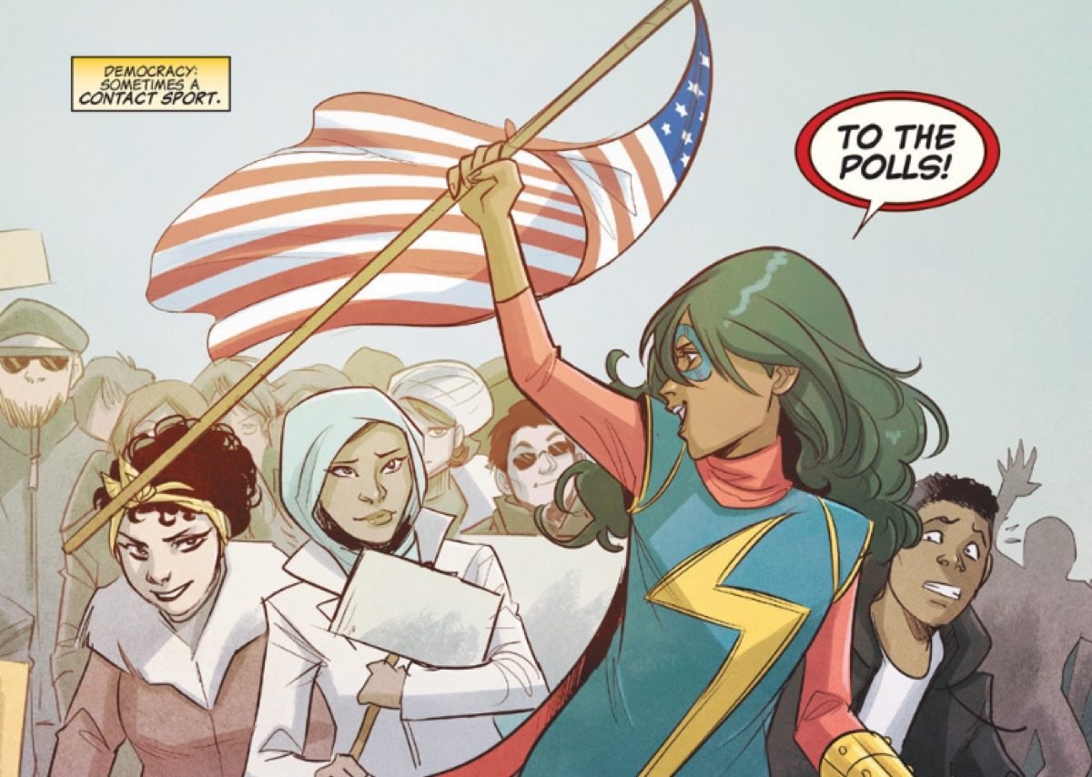 Ms. Marvel yells, "To the polls!" while raising an American flag.
