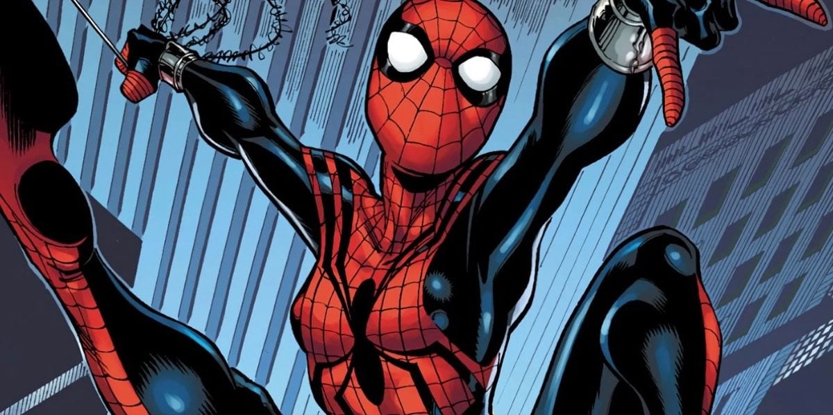 Spider-Girl swinging through New York in Marvel Comics.