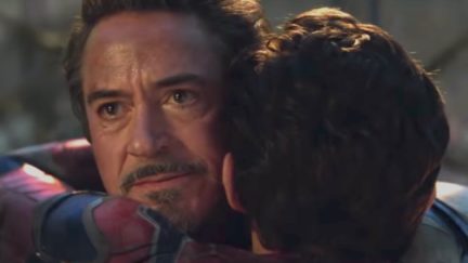 Tony Stark hugs Peter Parker in Marvel's Avengers: Endgame.