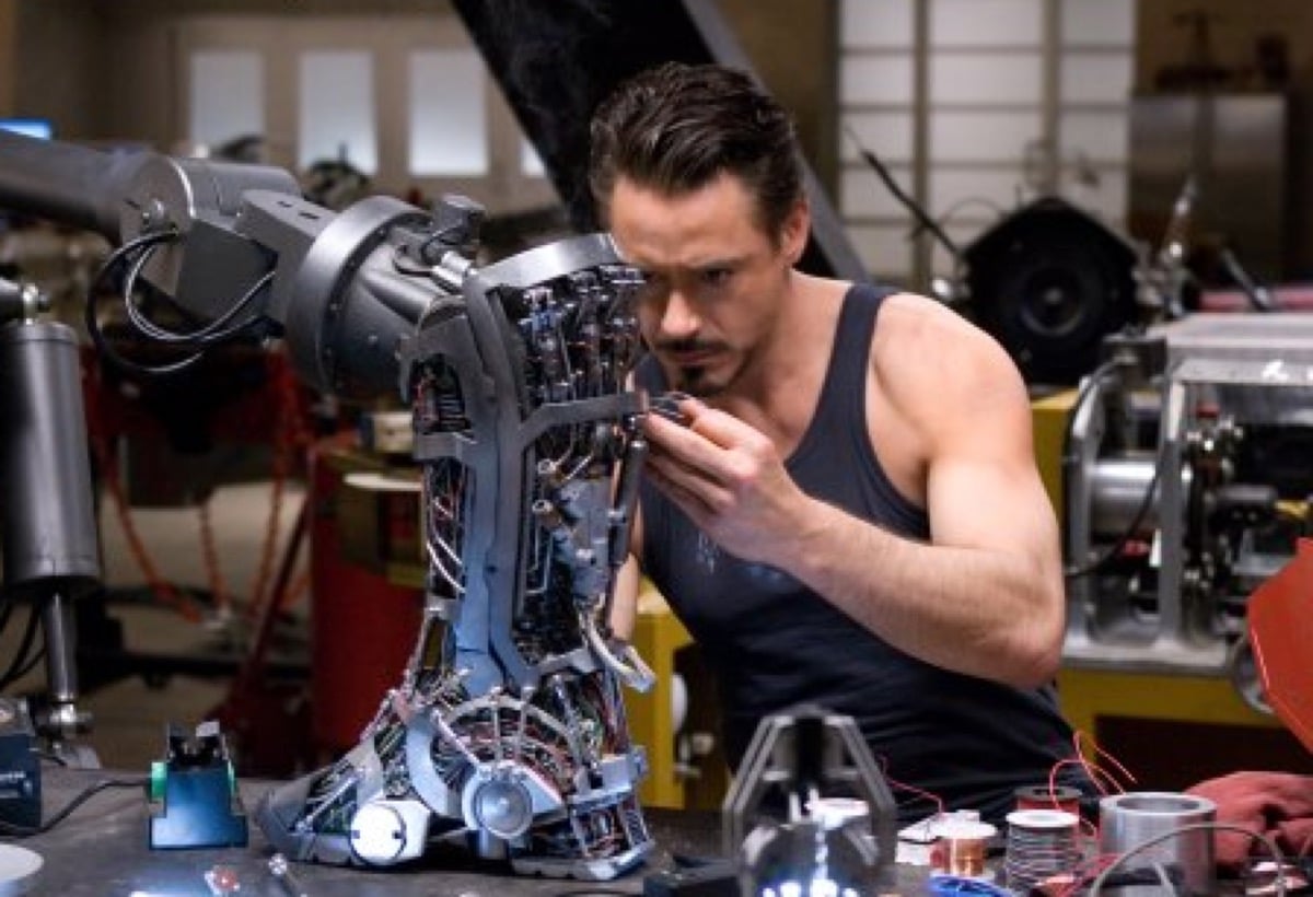 Marvel's Tony Stark works in his workshop.