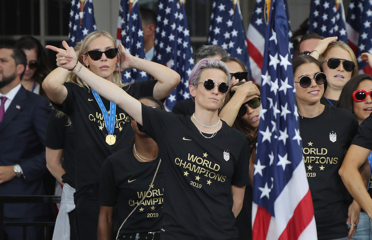 The US Women's soccer team celebrates during their victory tour.