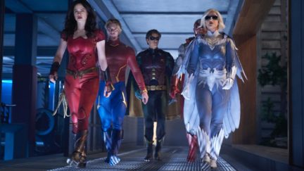 The cast of Titans, but with the old gang and their really terrible costumes that look better the darker it is