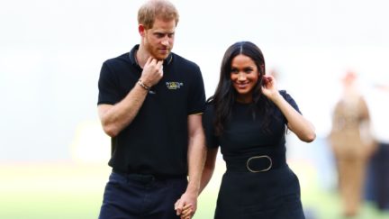 Prince Harry, Duke of Sussex and Meghan, Duchess of Sussex look on during the pre-game ceremonies before the MLB London Series game between Boston Red Sox and New York Yankees at London Stadium on June 29, 2019 in London, England. (Photo by Dan Istitene - Pool/Getty Images)