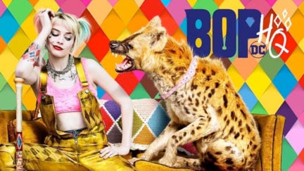 Harley Quinn sits on a yellow sofa with a hyena in the Birds of Prey poster.