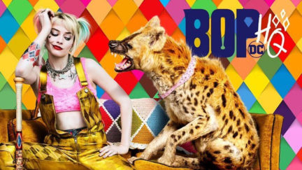 Harley Quinn sits on a yellow sofa with a hyena in the Birds of Prey poster.