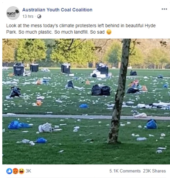 Facebook post showing a park covered in litter.