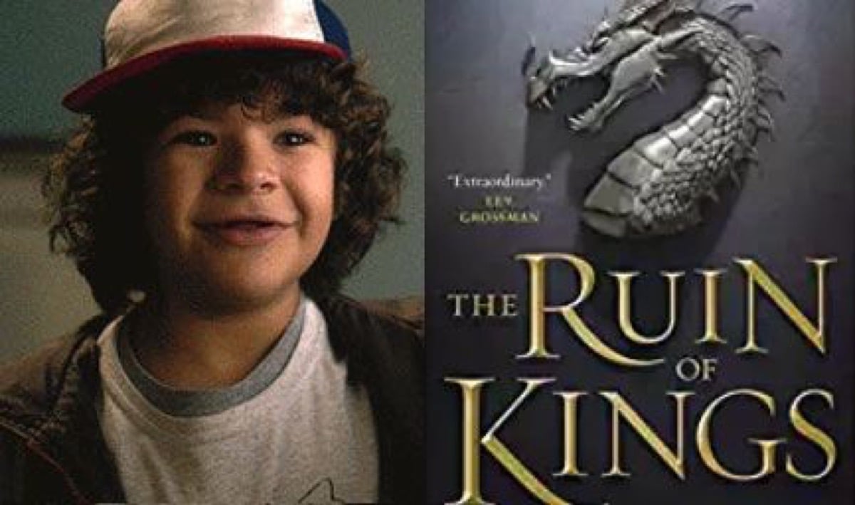 Dustin on Stranger Things and The Ruin of Kings book cover.