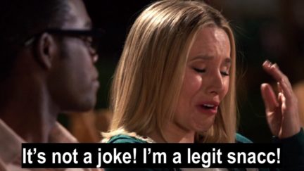 Eleanor (Kristen Bell) cries over being a legit snacc on NBC's The Good Place.