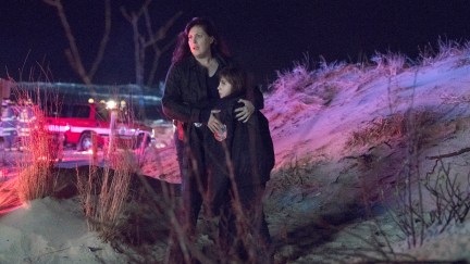 Allison Tolman holds on to Alexa Swinton in Emrgence