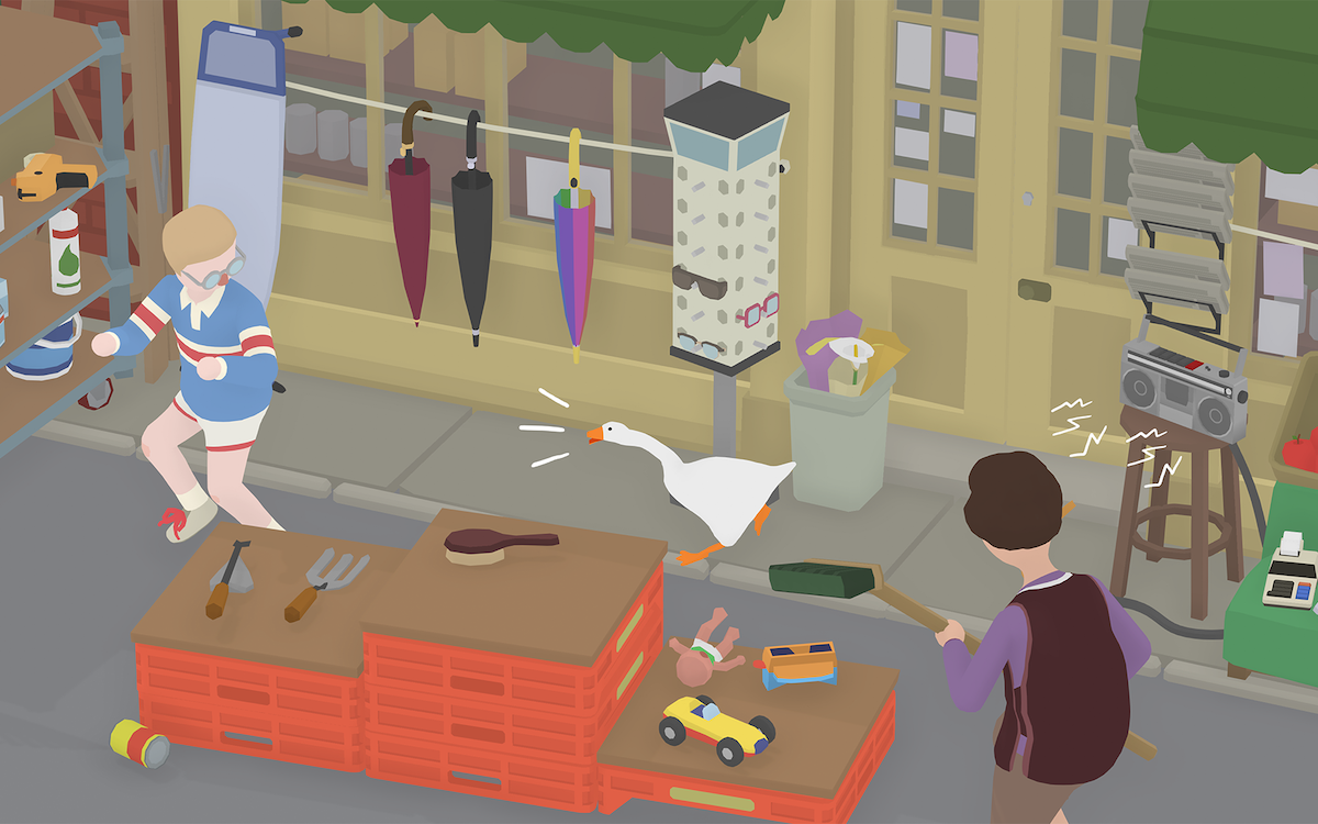 In a screenshot from Untitled Goose Game, an animated goose honks at a young boy in an outdoor shop.