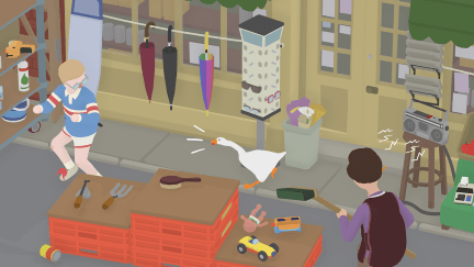 In a screenshot from Untitled Goose Game, an animated goose honks at a young boy in an outdoor shop.