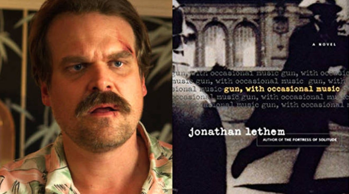 Hopper in Netflix's Stranger Things and Gun, With Occasional Music book cover.