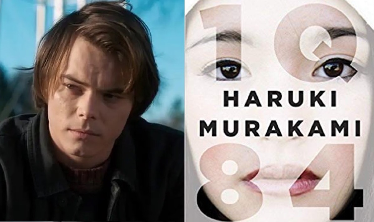 Jonathan Byers in Stranger Things and 1Q84 book cover.