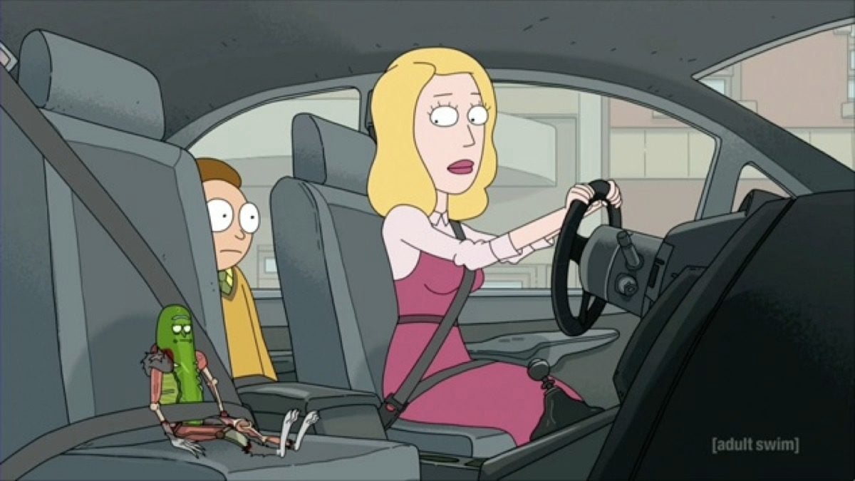 Rick, as Pickle Rick, rides home in the passenger seat of the car with the family after therapy.