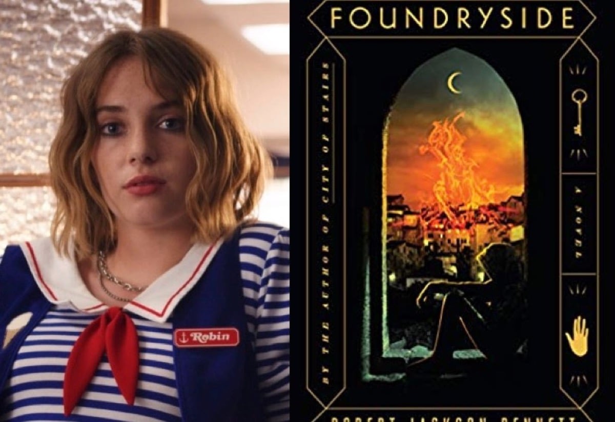 Robin on Netflix's Stranger Things and Foundryside book cover.