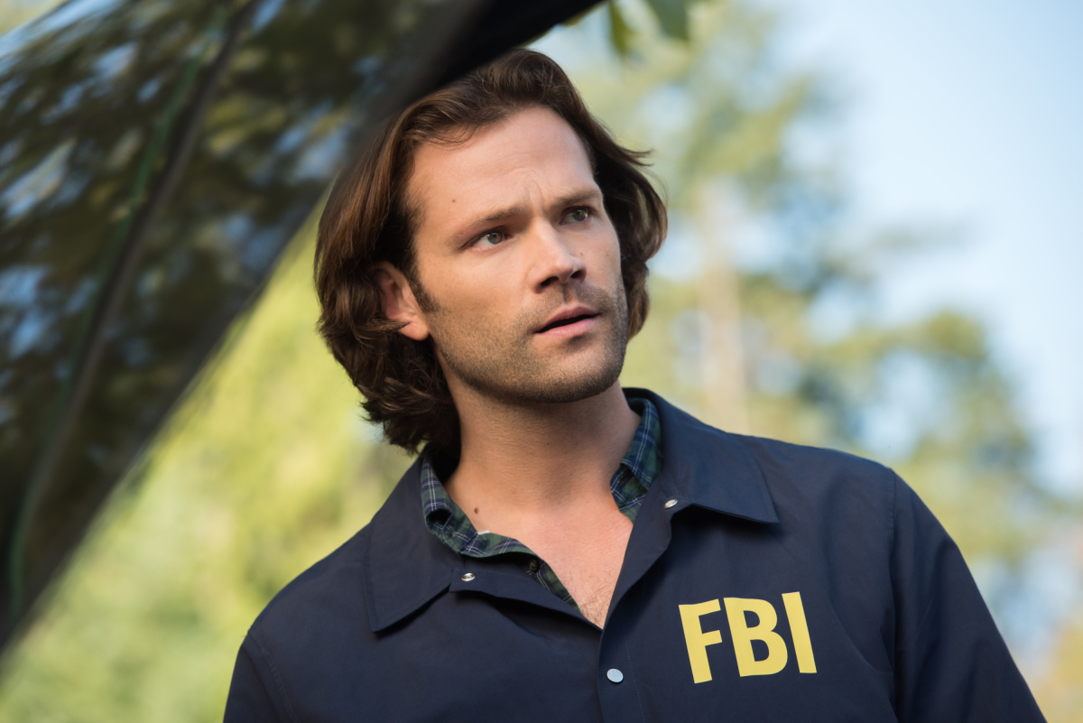 Sam Winchester in a FBI coat