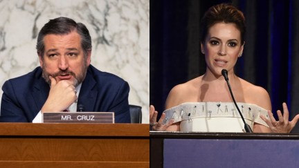 A composite image of Ted Cruz in the Senate and ALyssa Milano speaking to the ACLU.